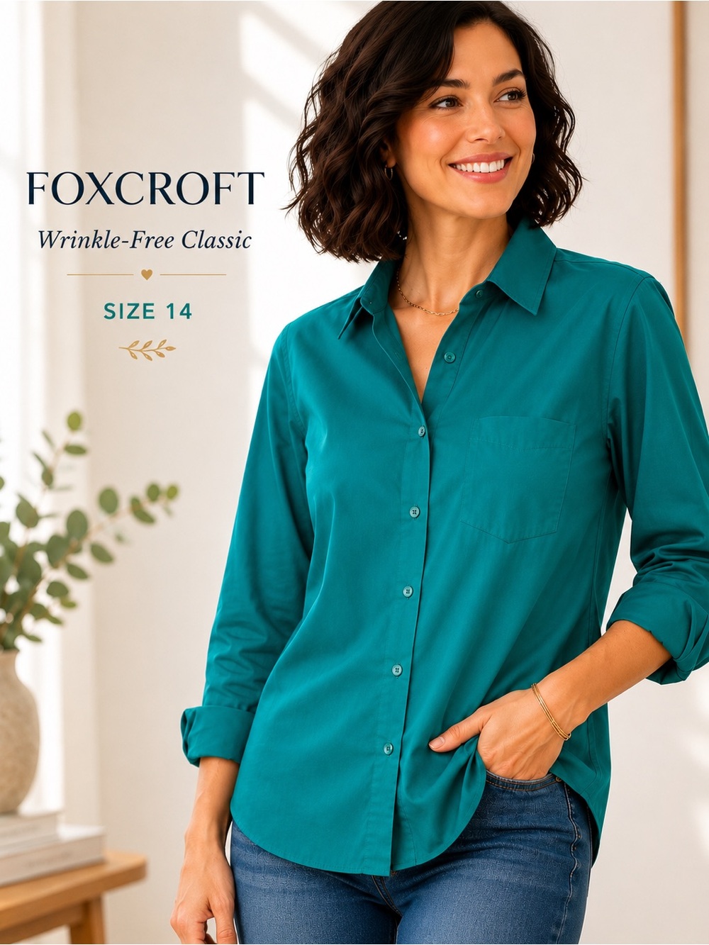 Foxcroft Wrinkle Free Green Button Front Career Blouse Size 14 Classic Shirt